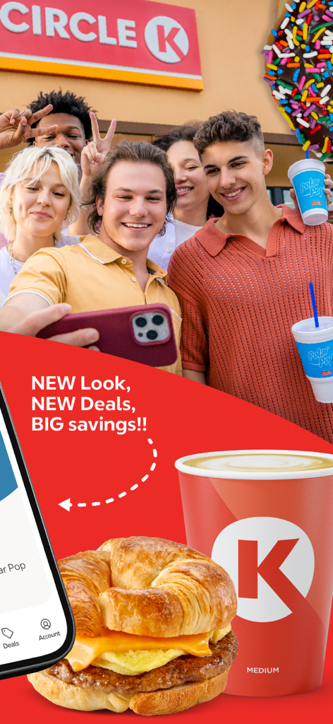 Circle K - Young friends at a Circle K store with coffee and a breakfast sandwich promoting app rewards and savings