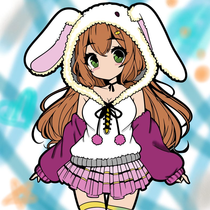 pretty anime girl wearing a fluffy hoodie with bunny ears on the hood and a skirt