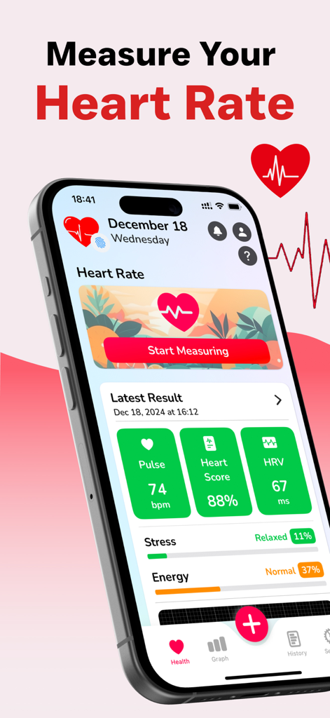 A mobile app interface displaying heart rate pulse HRV and stress level metrics