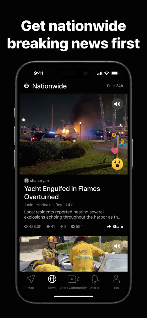 Citizen app interface showing a real-time breaking news feed with live incident video and community alerts.