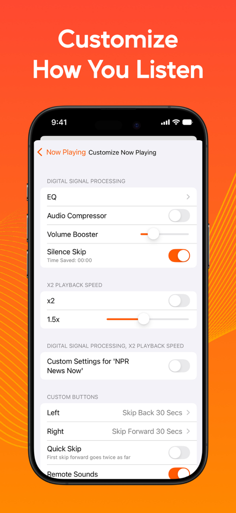 Interface showing advanced audio playback settings like silence skip and equalizer in the Podcast Player app