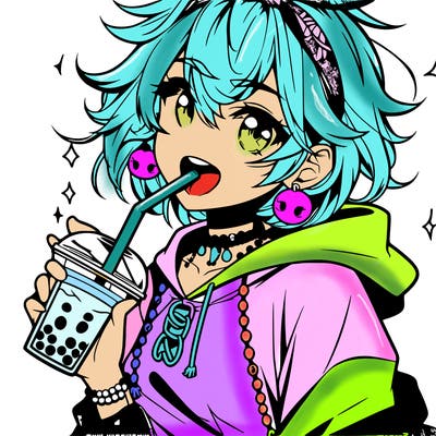 hot baddie anime girl drinking boba and biting the straw
