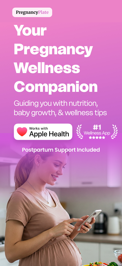 Pregnancy Food: PregnancyPlate - 임산부가 iPhone에서 PregnancyPlate 앱을 사용하고 있으며, 임신 웰니스 기능에 대한 텍스트 오버레이가 표시됨