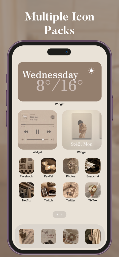 Color Themes: App Icons,Widget - Écran d'accueil iPhone beige esthétique présentant des packs d'icônes et des widgets personnalisés
