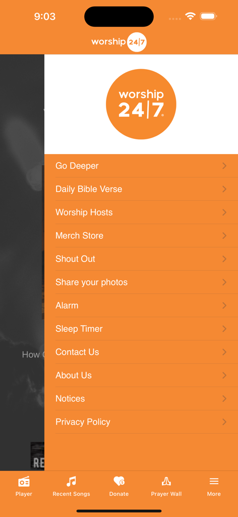 Worship 24/7 - Main navigation menu of the Worship 247 app featuring devotional tools and music settings