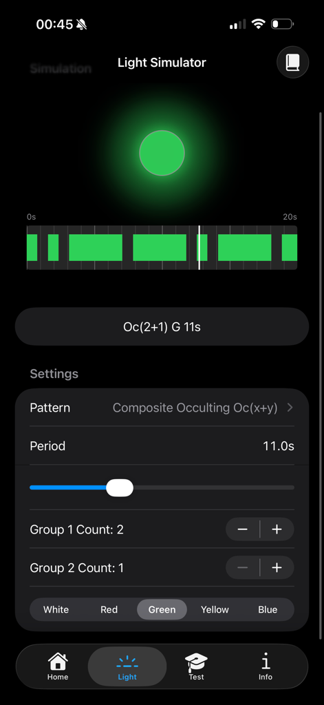 Maritime Master – IALA Buoyage - A mobile interface for simulating maritime navigation light rhythms with settings for pattern and color.