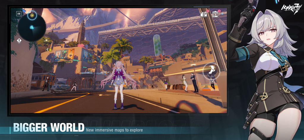 Anime character exploring a futuristic open world city in Honkai Impact 3rd