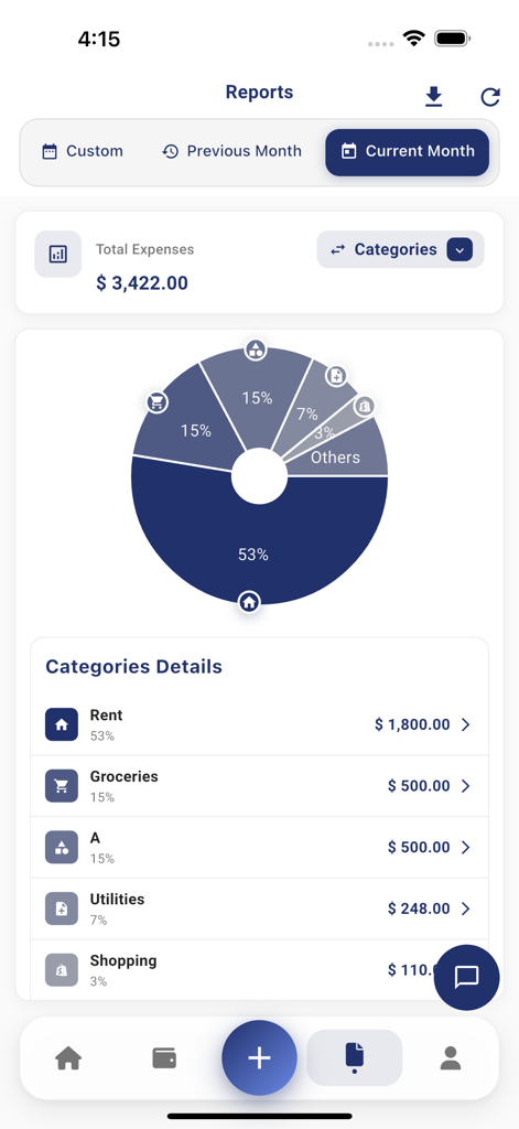 TrackMyExpense - Monthly expense report and category spending breakdown in TrackMyExpense app