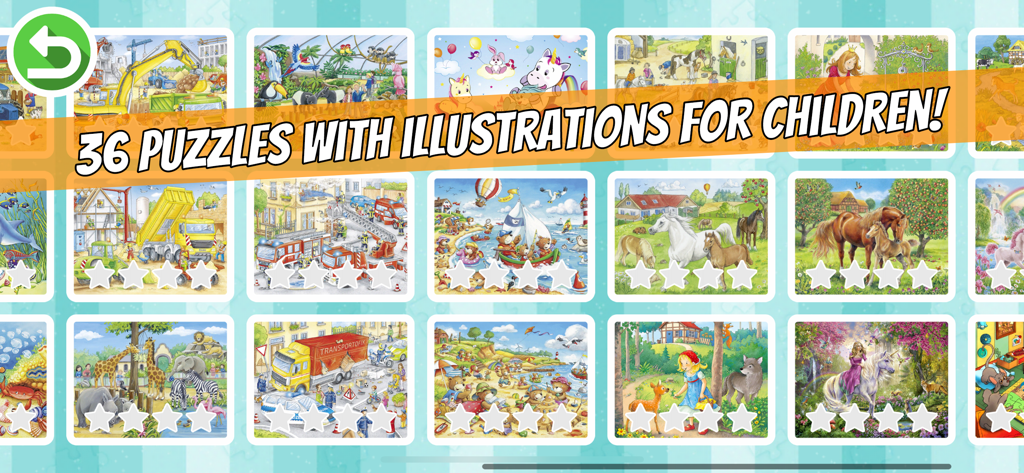 Ravensburger Puzzle Junior - Ravensburger Puzzle Junior app selection menu with various illustrated puzzles for children.