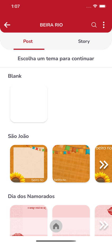 Beira Rio - Poste Fácil - Beira Rio Poste Facil app screen displaying themed social media marketing templates for retailers