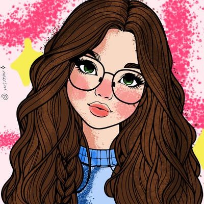 girl with long hair and freckles and glasses realistic