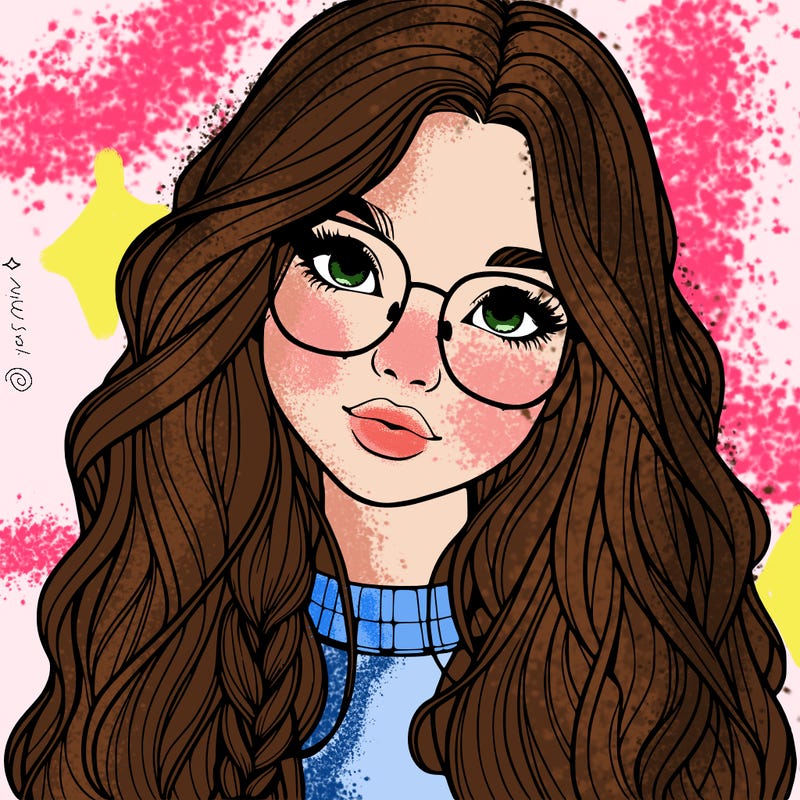 girl with long hair and freckles and glasses realistic