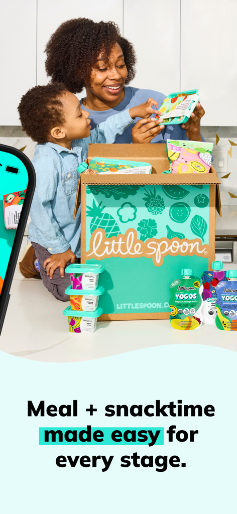 Little Spoon - A mother and her young son unpacking a box of Little Spoon healthy meals and snacks on a kitchen counter.