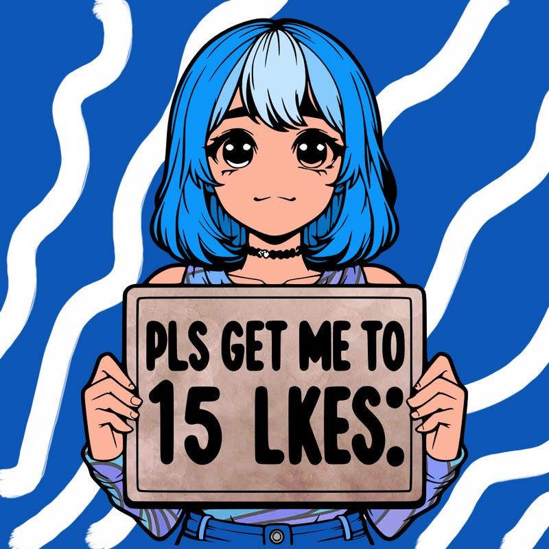 realistic girl holding up a sign that says “pls get me to 15 likes!”