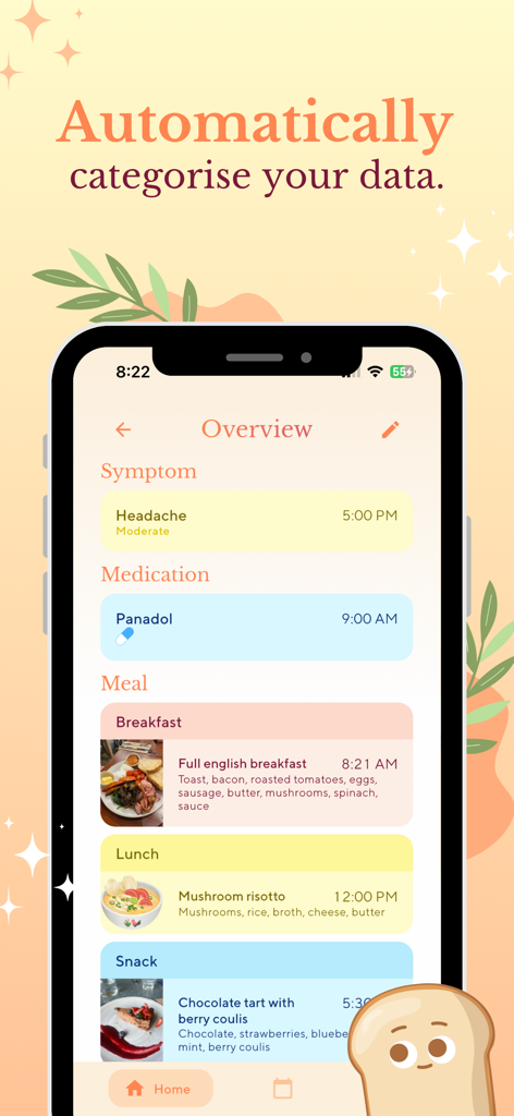 Toastie - Health Tracker - Toastie app overview screen displaying automatically categorized symptoms medications and meals