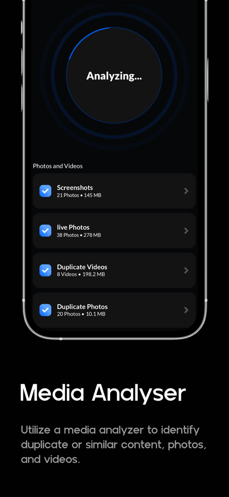 Easy Phone Cleaner Master - Easy Phone Cleaner Master media analyzer screen showing storage analysis for duplicate photos and videos