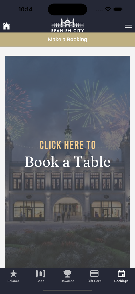 Interface de reserva de mesa do aplicativo móvel Spanish City com fundo de fogos de artifício