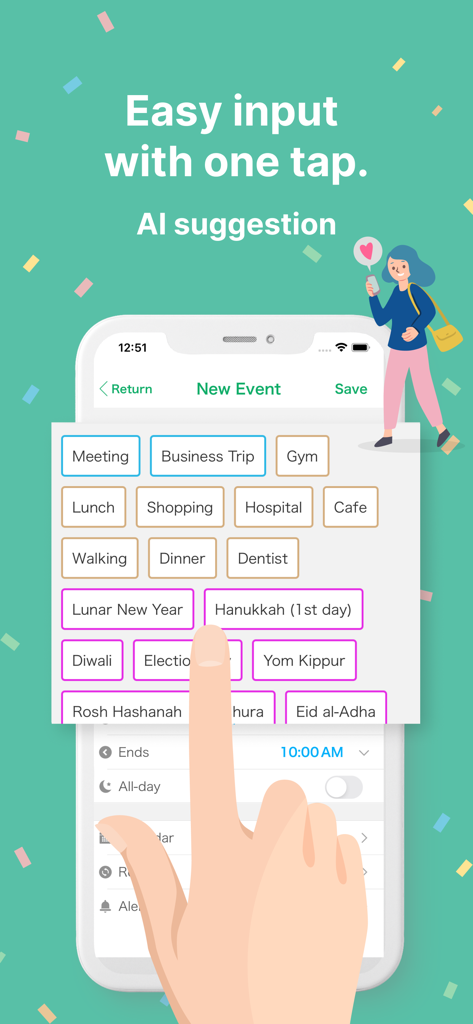 Interface of Simple Calendar app showcasing easy one-tap event input with AI suggestions for quick scheduling.