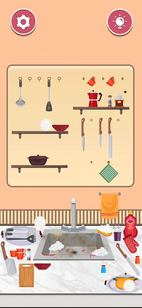 Satisfy Perfect Tidy Satisroom - Un nivel de organización de cocina donde los usuarios ordenan platos y utensilios desordenados en estantes