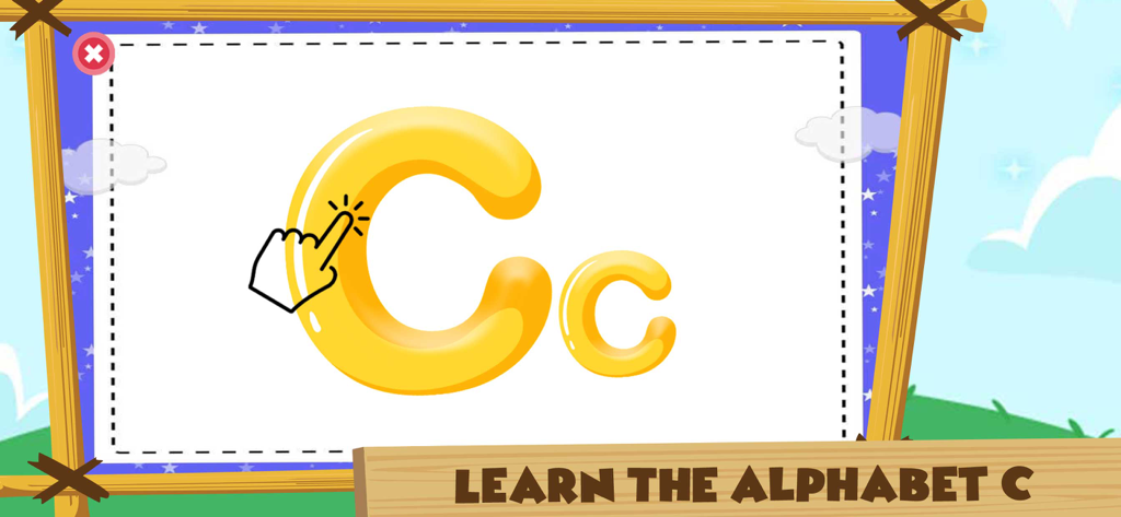 Pantalla educativa de la aplicación C Alphabet que muestra la letra C mayúscula y minúscula