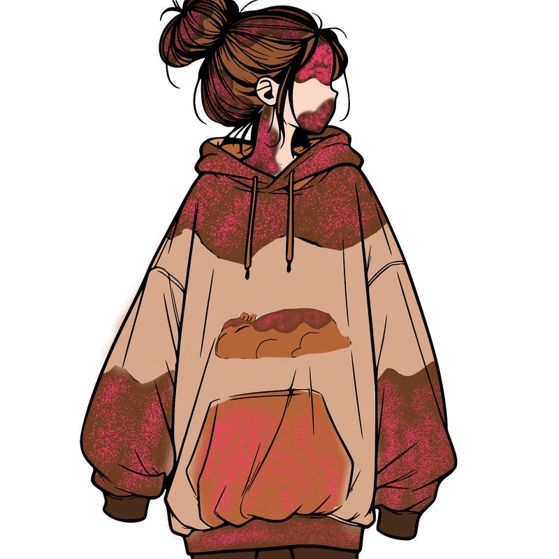 realistic girl with a oversized sweatshirt on and a bun