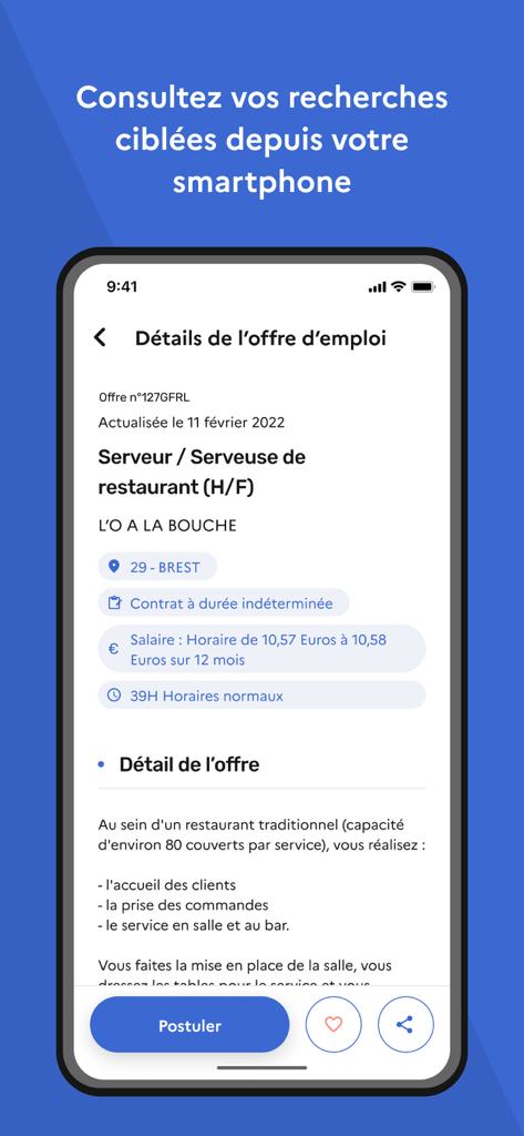 Contrat d'Engagement Jeune - Smartphone screen displaying a detailed restaurant server job offer within the Contrat d'Engagement Jeune app