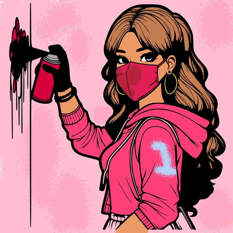 realistic girl with mask spray painting a wall