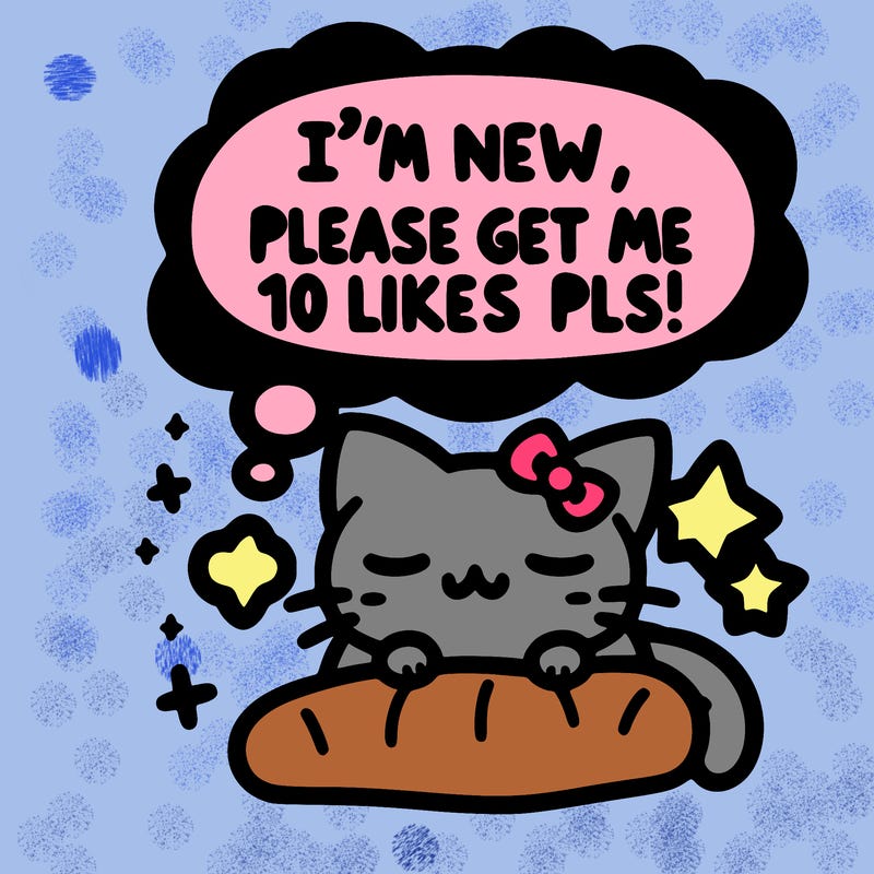 kitty taking a nap dream talking and saying "i'm new, please get me at least 10 likes pls!!"