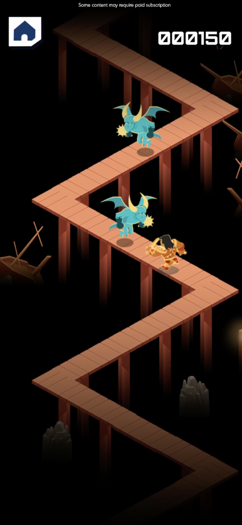 A warrior character running along a wooden zigzag bridge while avoiding blue winged monsters in a Budge GameTime mini-game