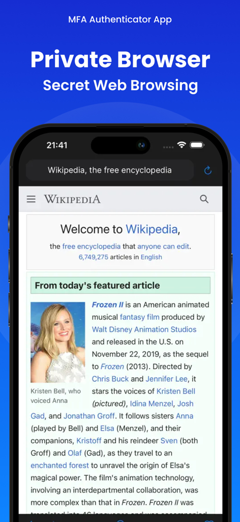 MFA-2FA Authenticator,OTP,Auth - Captura de pantalla de iPhone que muestra la función de Navegador Privado de la app MFA-2FA Authenticator.
