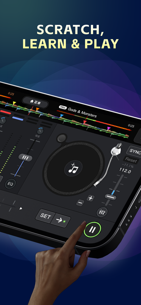 DJing - AI DJ App & Mixer - Virtueller DJ-Plattenspieler und Mixer-Oberfläche auf einem Smartphone-Bildschirm