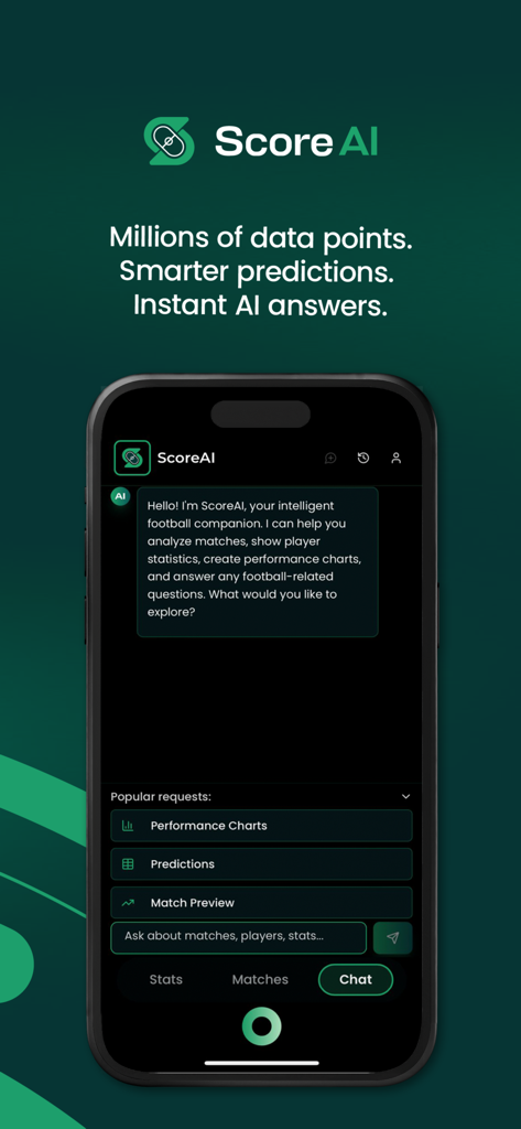ScoreAI - ScoreAI mobile app interface featuring the interactive AI chat for football predictions and statistics.