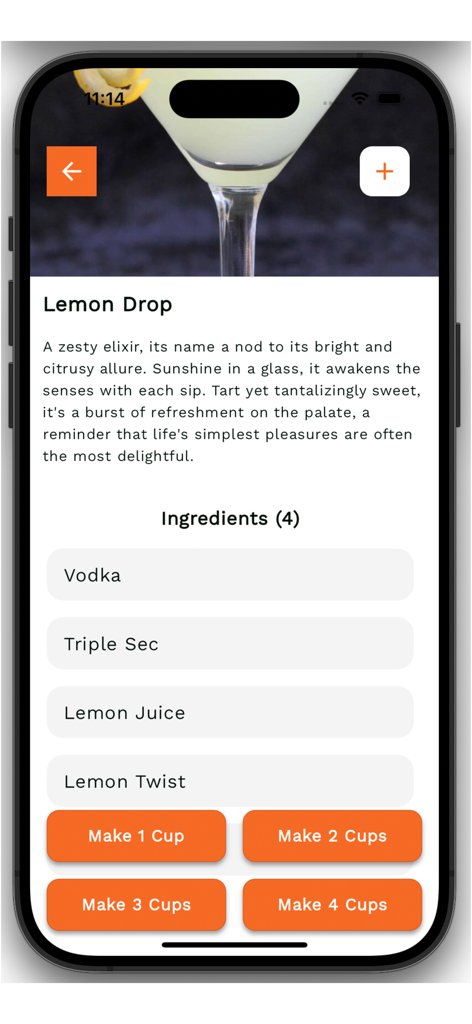 Bartifier - Screenshot of the Bartifier app showing a Lemon Drop cocktail recipe with ingredients and portion selection buttons
