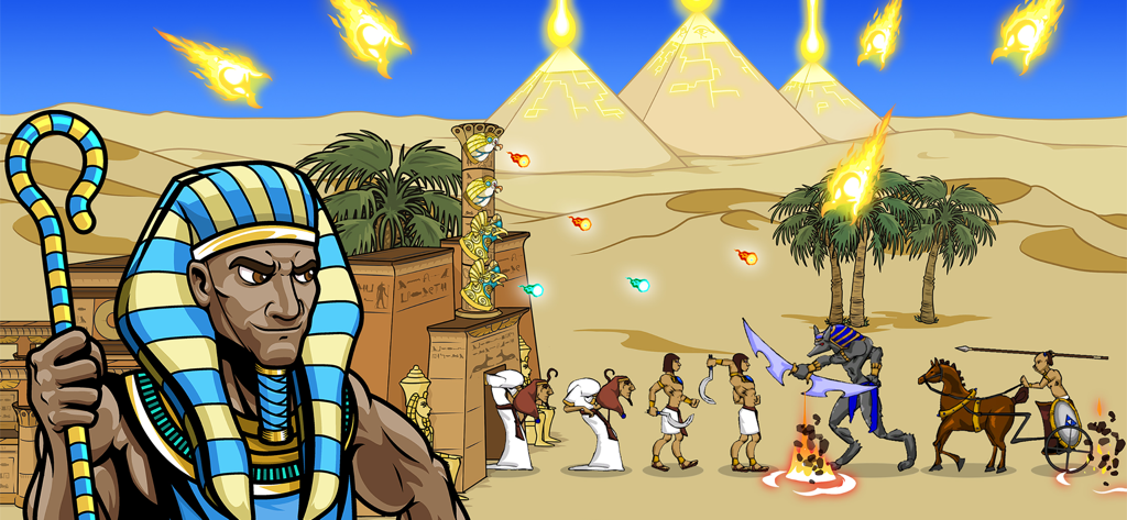 Age Of War 2 - Captura de pantalla del juego Age of War 2 mostrando unidades egipcias y un guerrero Anubis atacando frente a pirámides