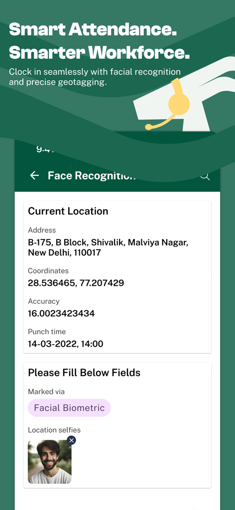 HROne app smart attendance screen with facial recognition and geotagging
