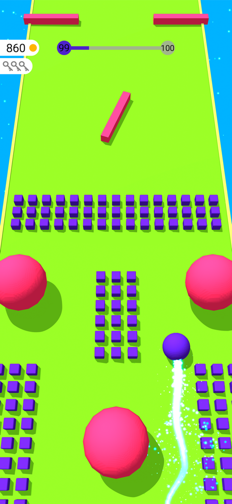 A purple ball rolling on a green track past pink spheres and purple cubes in Color Bump 3D