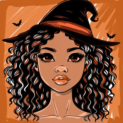 realistic black girl with wavy hair and witch hat and nose and lips