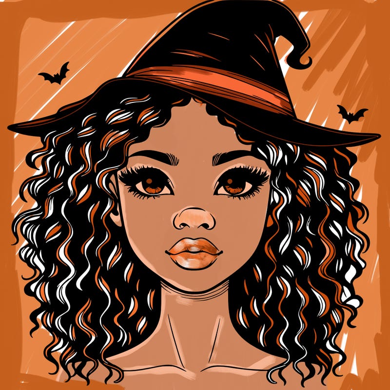 realistic black girl with wavy hair and witch hat and nose and lips