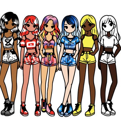 a group of girls wearing crop tops and shorts