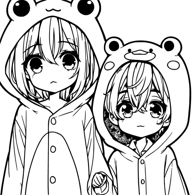 a anime girl in a frog onesie and a boy, and a duck onesie