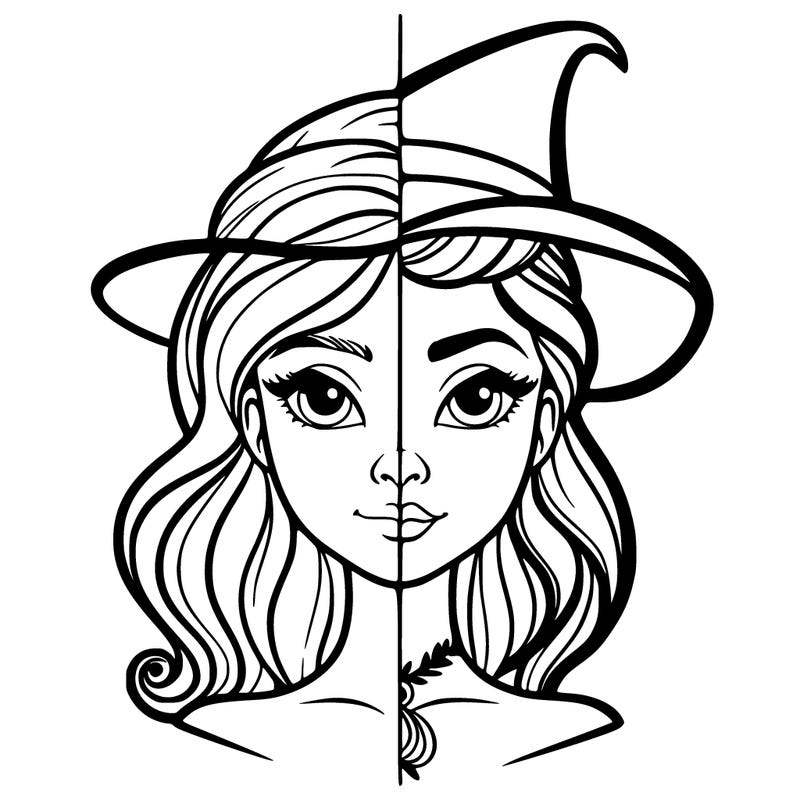 a girls face in have one side elphapha  the other side glinda for om wivked