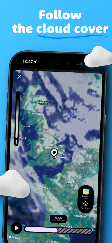 Overdrop - Weather & Widgets - Overdrop weather app displaying a real-time radar map with cloud cover over Europe.