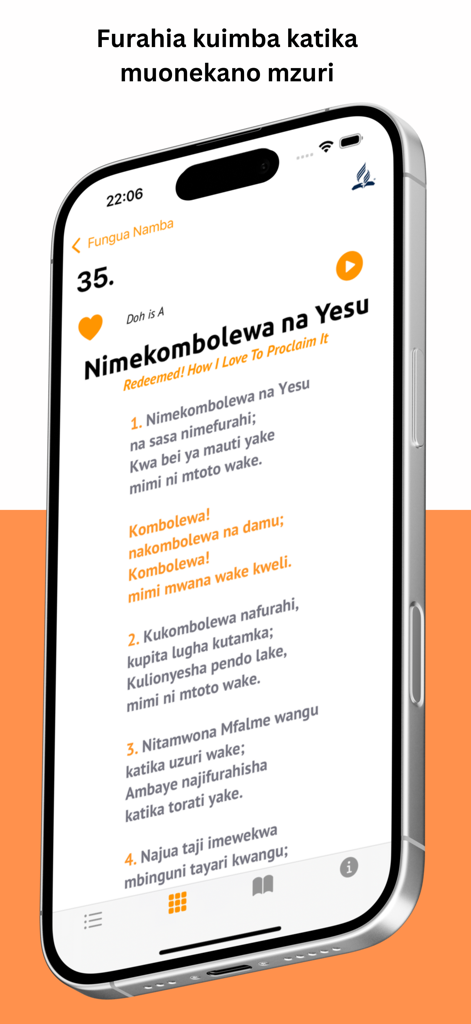 Nyimbo Za Kristo - Una pantalla móvil que muestra letras en suajili de un himno en la aplicación Nyimbo Za Kristo