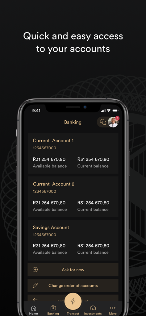 Nedbank Private Wealth App - Banking dashboard in the Nedbank Private Wealth app showing multiple account balances.