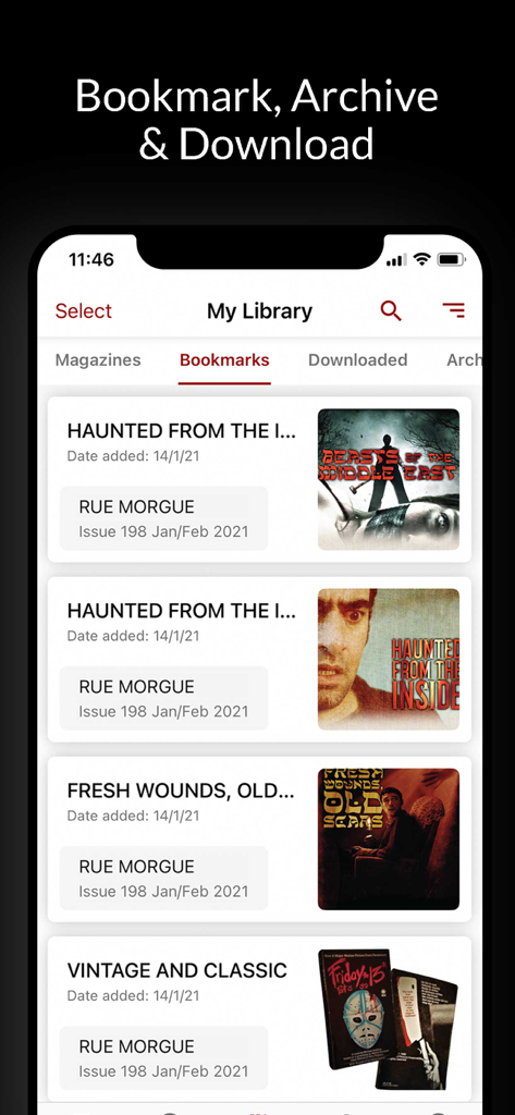 Écran de l'application Rue Morgue montrant la section des favoris de la bibliothèque utilisateur avec plusieurs articles de magazines d'horreur