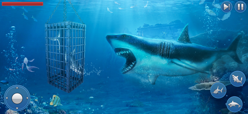 Survival Underwater Shark Game - A great white shark attacking a metal diving cage in an underwater survival game
