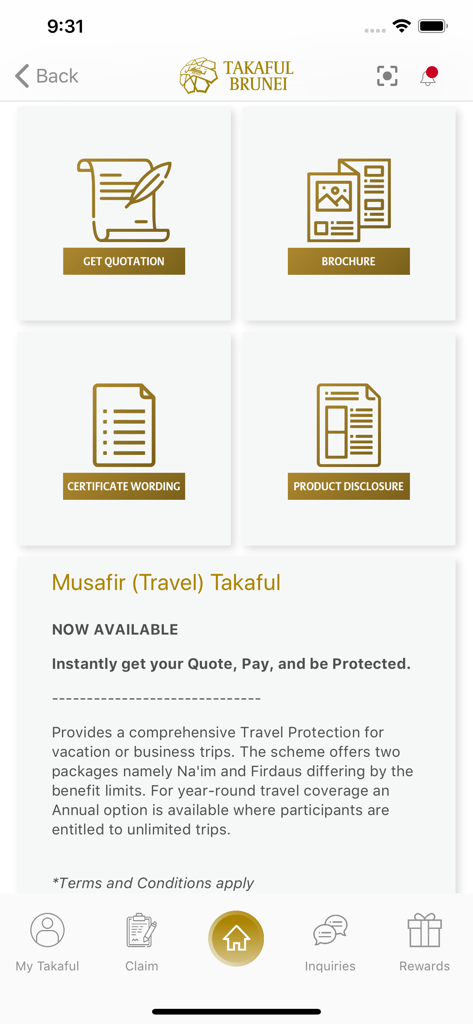 Takaful Brunei - Takaful Brunei app interface showing options for travel insurance quotes and product brochures