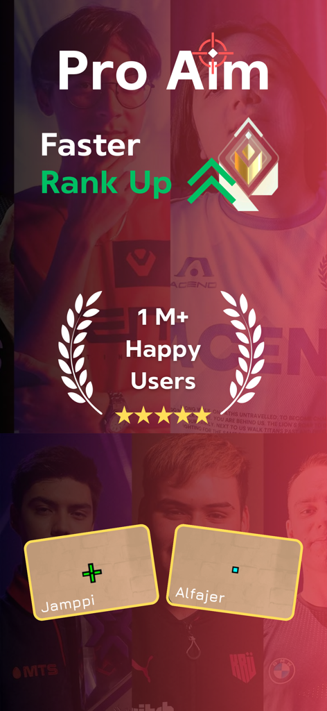 Bannière promotionnelle pour l'application Valorant Crosshair présentant les réticules des joueurs pro et les fonctionnalités d'amélioration de rang.