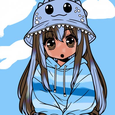 girl with anime shaped eyes with a dinosaur bucket hat oversized sweatshirt long straight hair