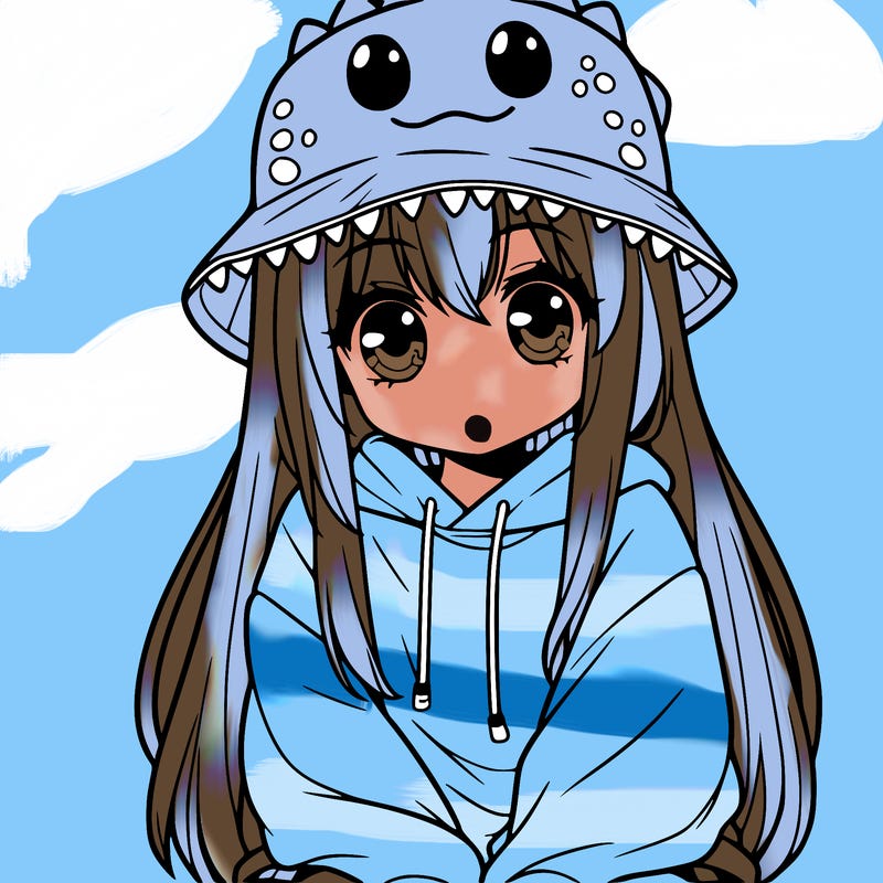 girl with anime shaped eyes with a dinosaur bucket hat oversized sweatshirt long straight hair